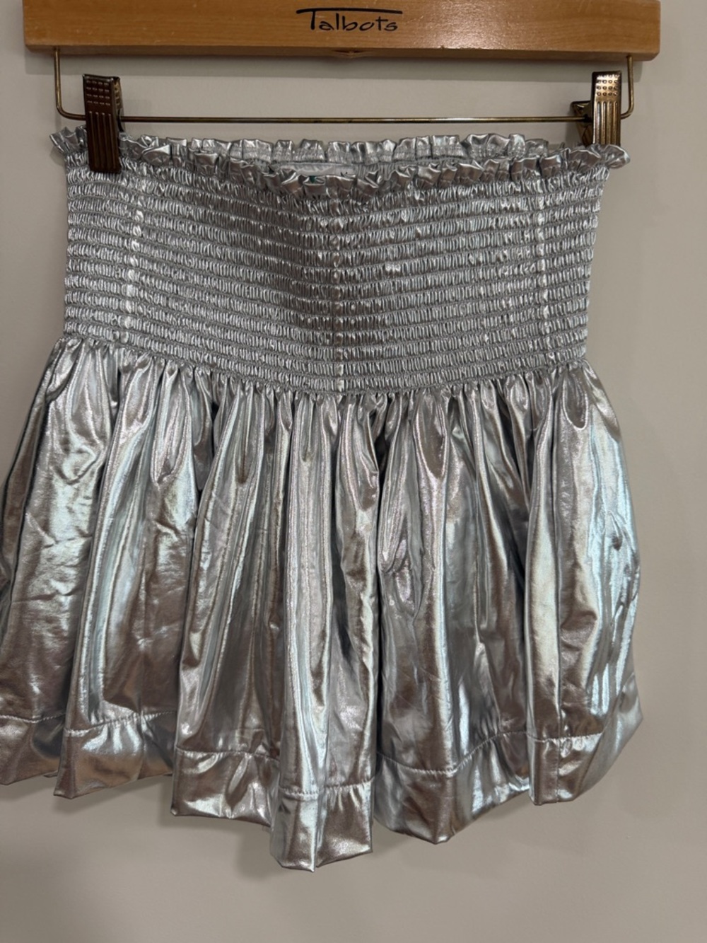 QUEEN OF SPARKLES Silver Metallic Smocked High-Waist Shorts